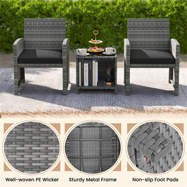 Black 3-Piece Patio Furniture Set with Tempered Glass Coffee Table