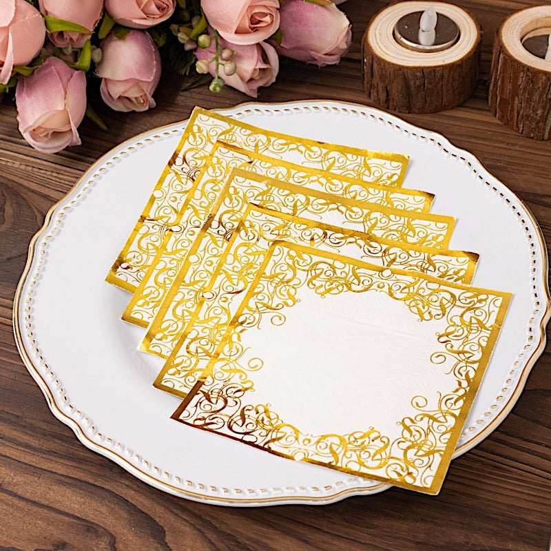 20 Soft 3-Ply White and Gold Dinner Napkins