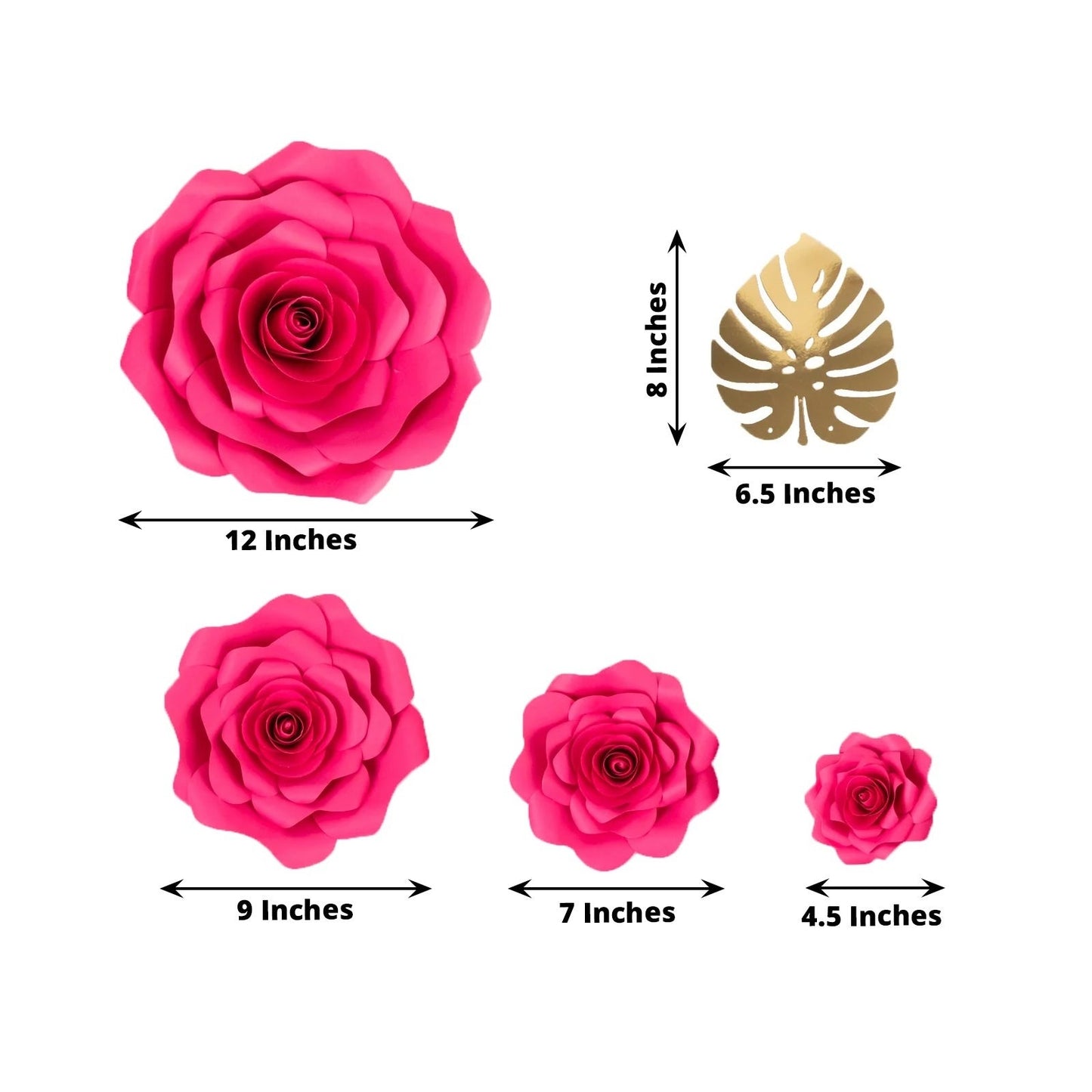 Pack of 9 3D Rose Paper Flowers with Gold Monstera Leaves