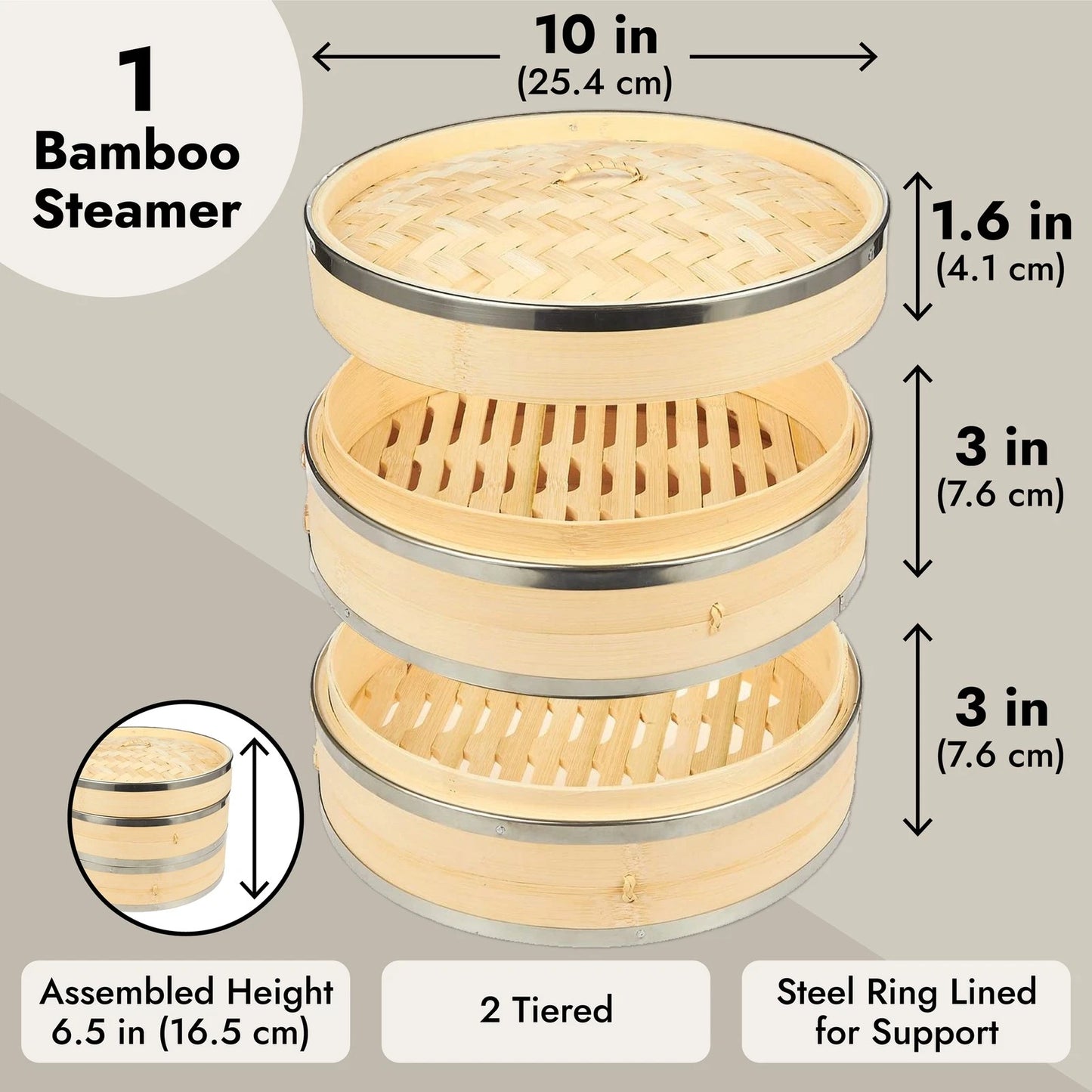 10-Inch 2-Tier Bamboo Steamer Basket with Steel Reinforcement