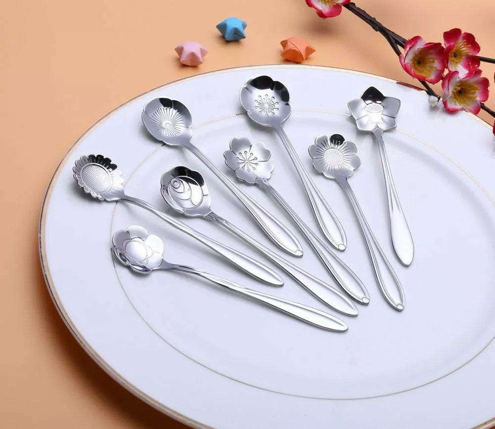 8-Pack Silver Floral Stainless Steel Coffee & Tea Spoon Set