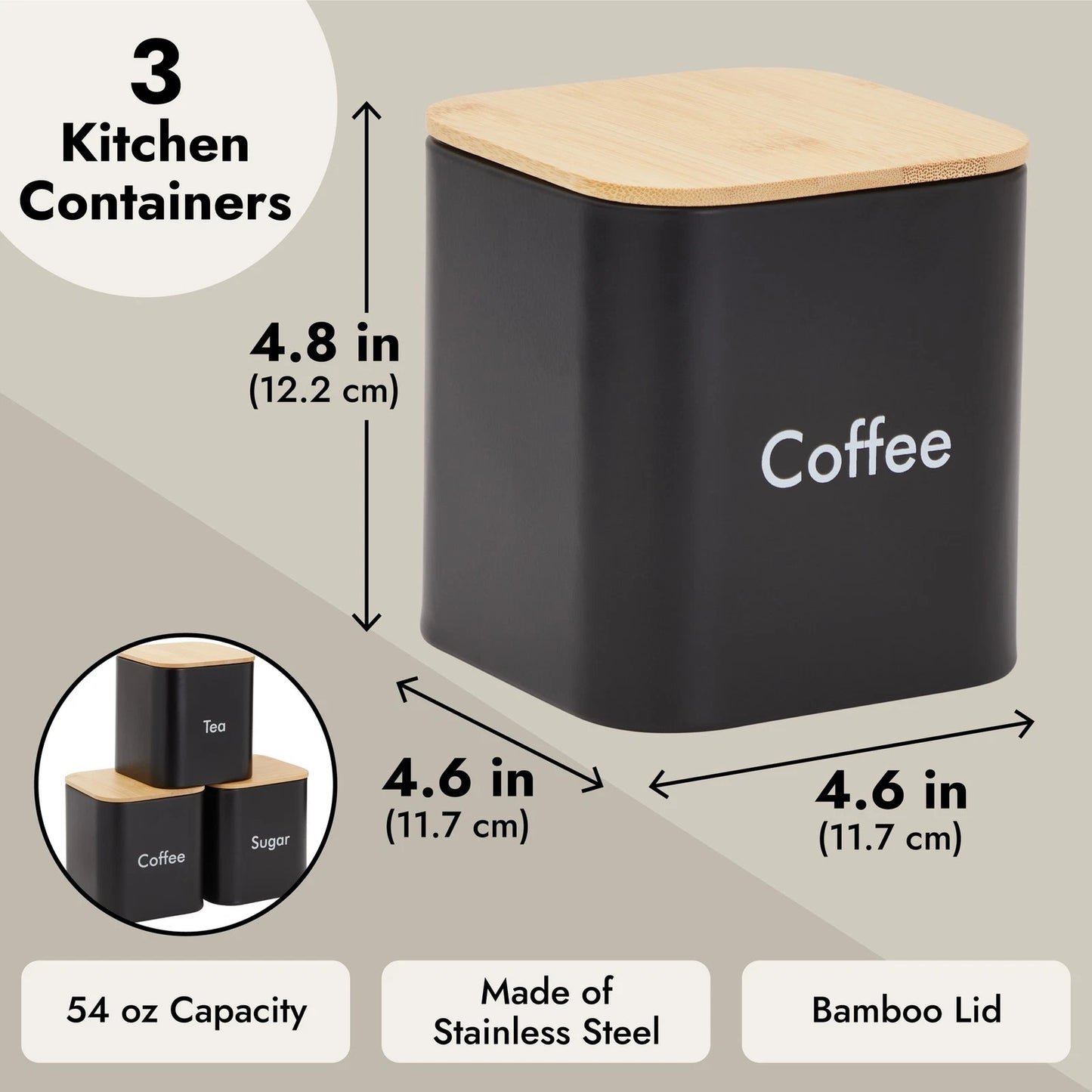 Set of 3 Black Iron Kitchen Canisters