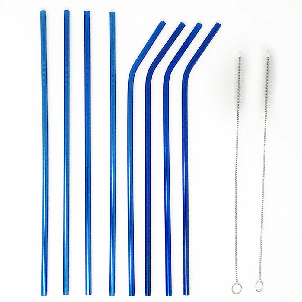 8-Pack 10.5" Blue Stainless Steel Cocktail Straws