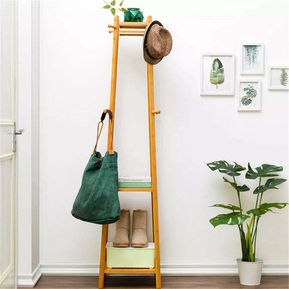 Bamboo Standing Coat Rack with Shelves & Hooks