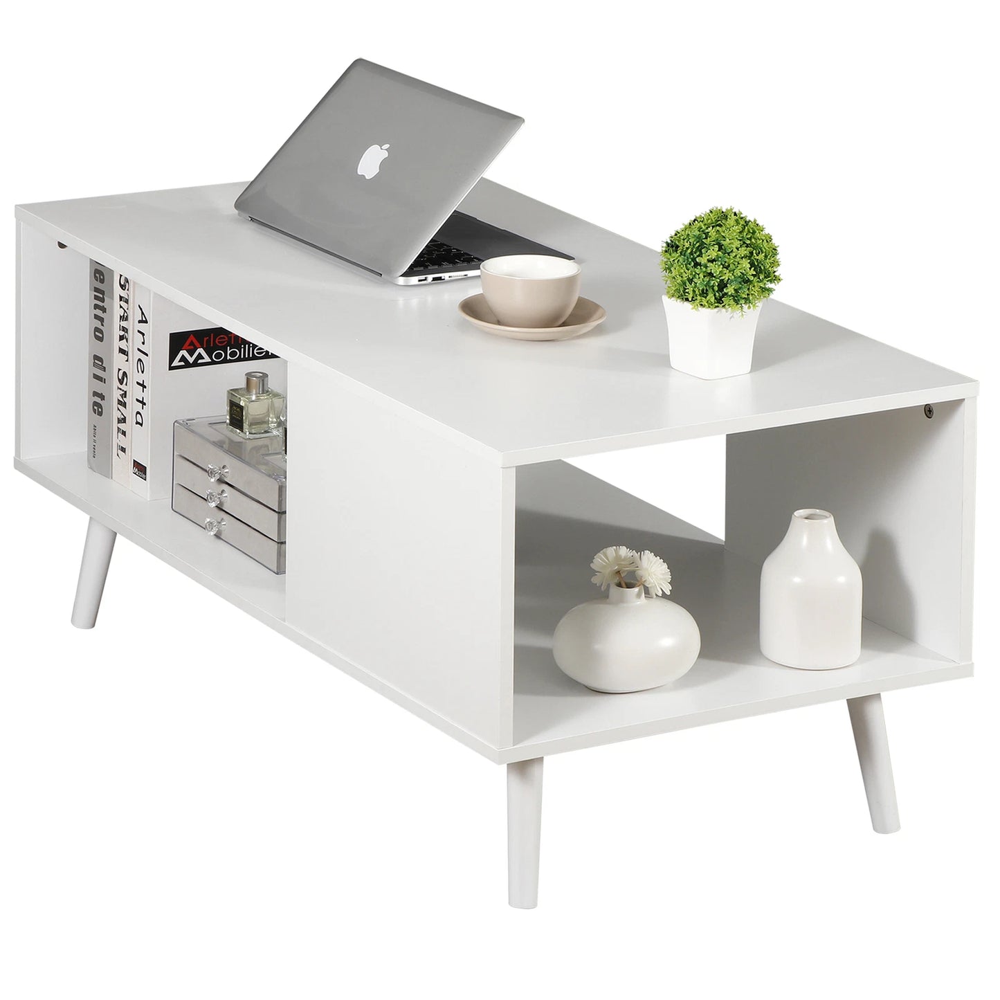 Modern White Coffee Table with Open Storage Shelf