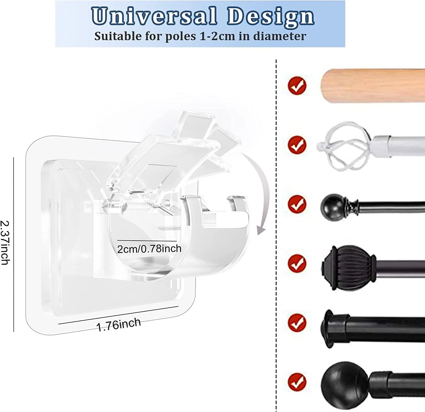 8PCS Nail-Free Adjustable Curtain Rod Clip Brackets
