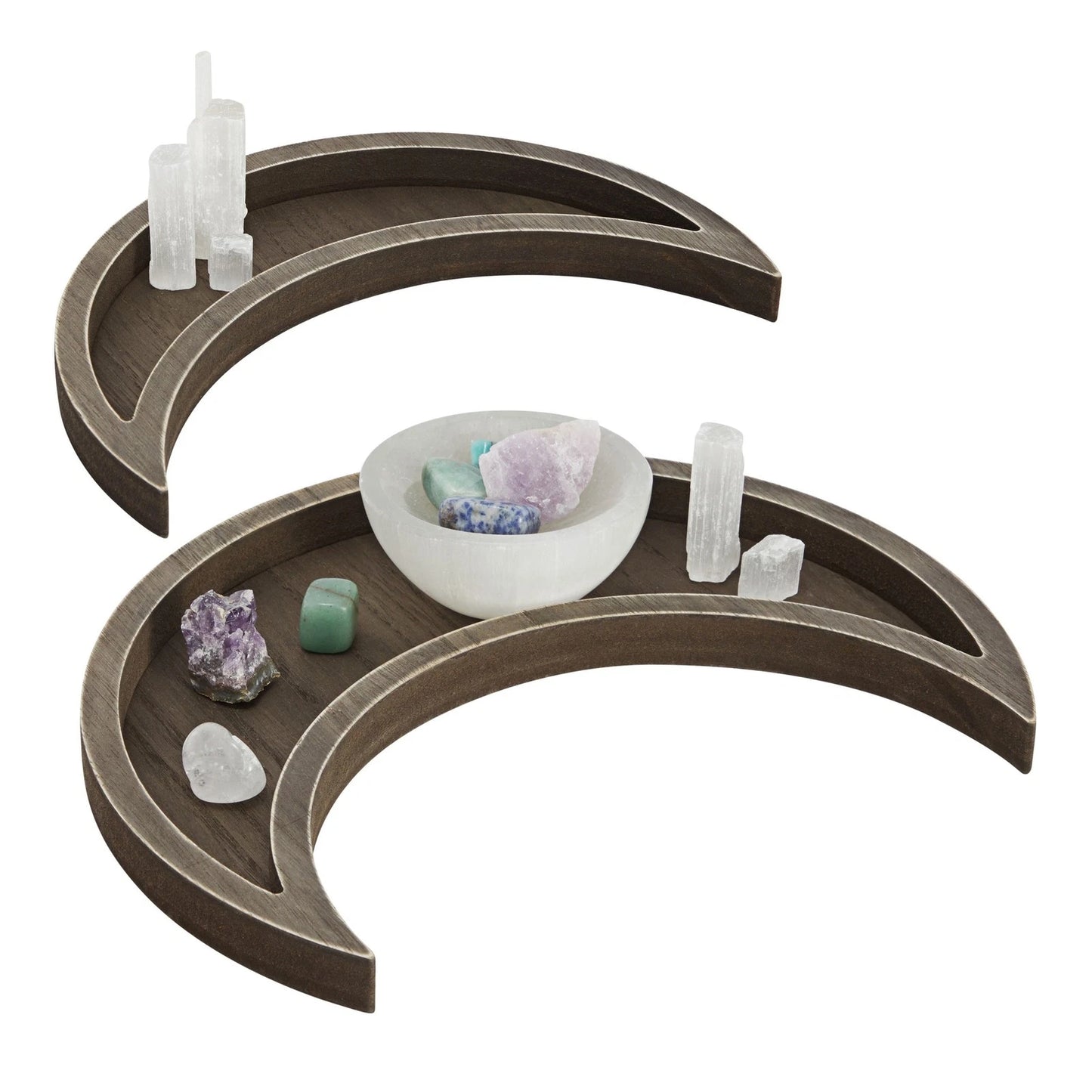 2-Piece Wooden Crescent Moon Crystal Display Trays
