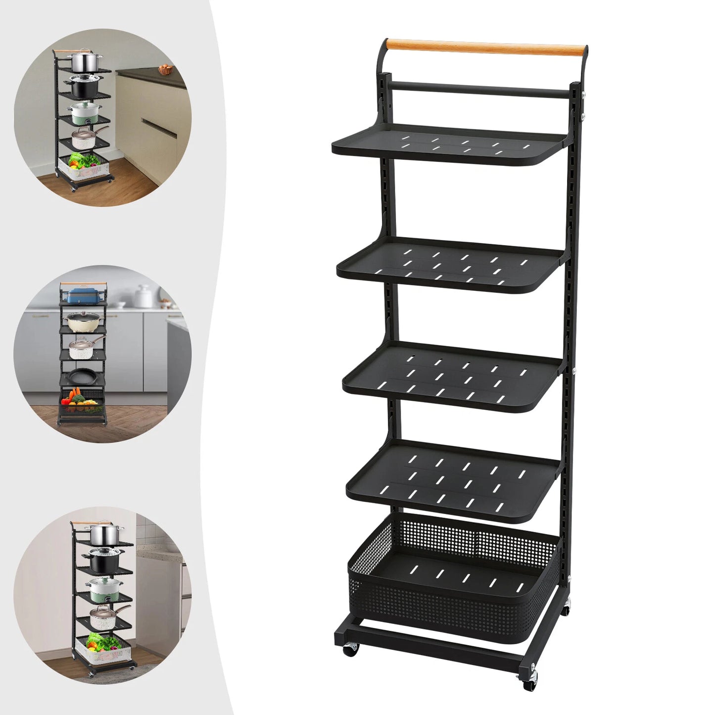 5-Tier Adjustable Pot & Pan Organizer Rack with Wheels
