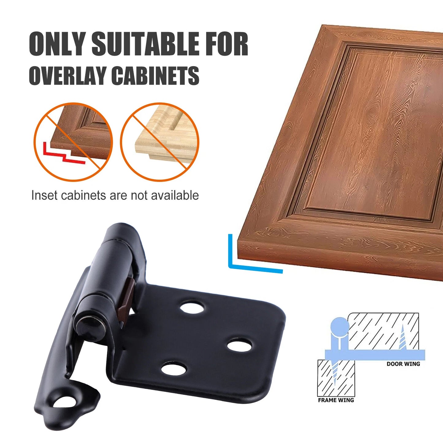 30Pcs Black Cabinet Hinges – 1/2" Overlay, Self-Closing