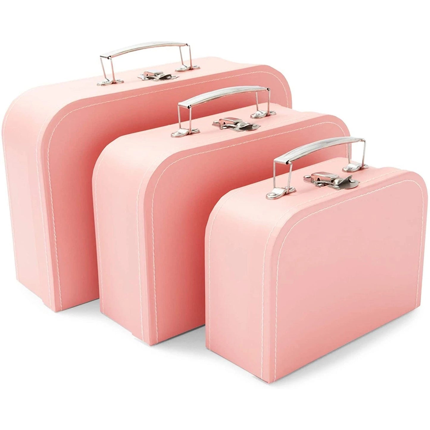 Set of 3 Pink Vintage Paperboard Suitcases with Metal Handles