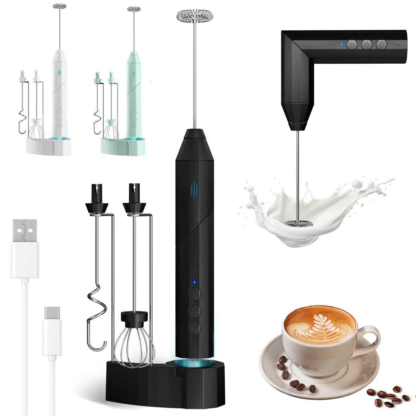 Electric Milk Frother – Rechargeable Handheld Foam Maker with 3 Whisks
