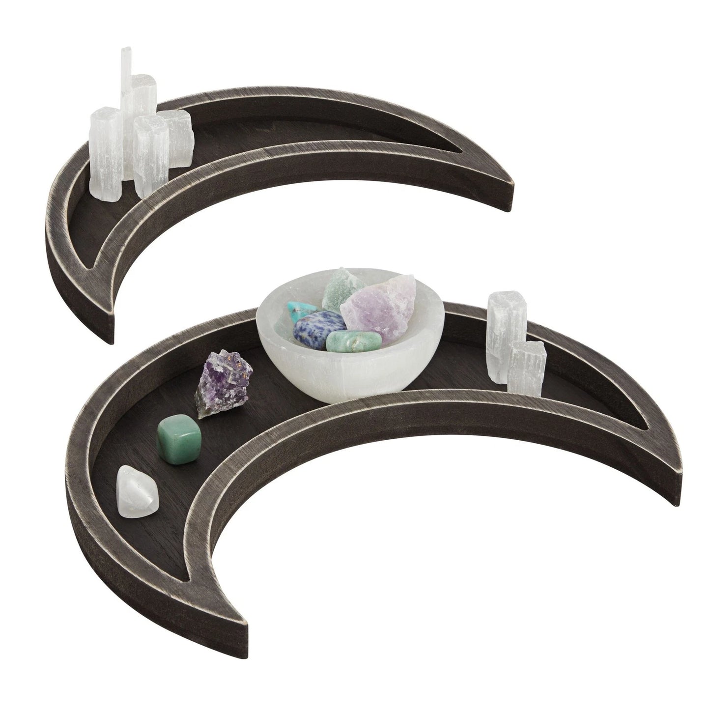2-Piece Rustic Wood Crescent Moon Crystal Display Trays