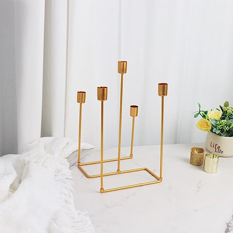 12" Gold 5-Arm Geometric Metal Candelabra – Taper Candle Holder