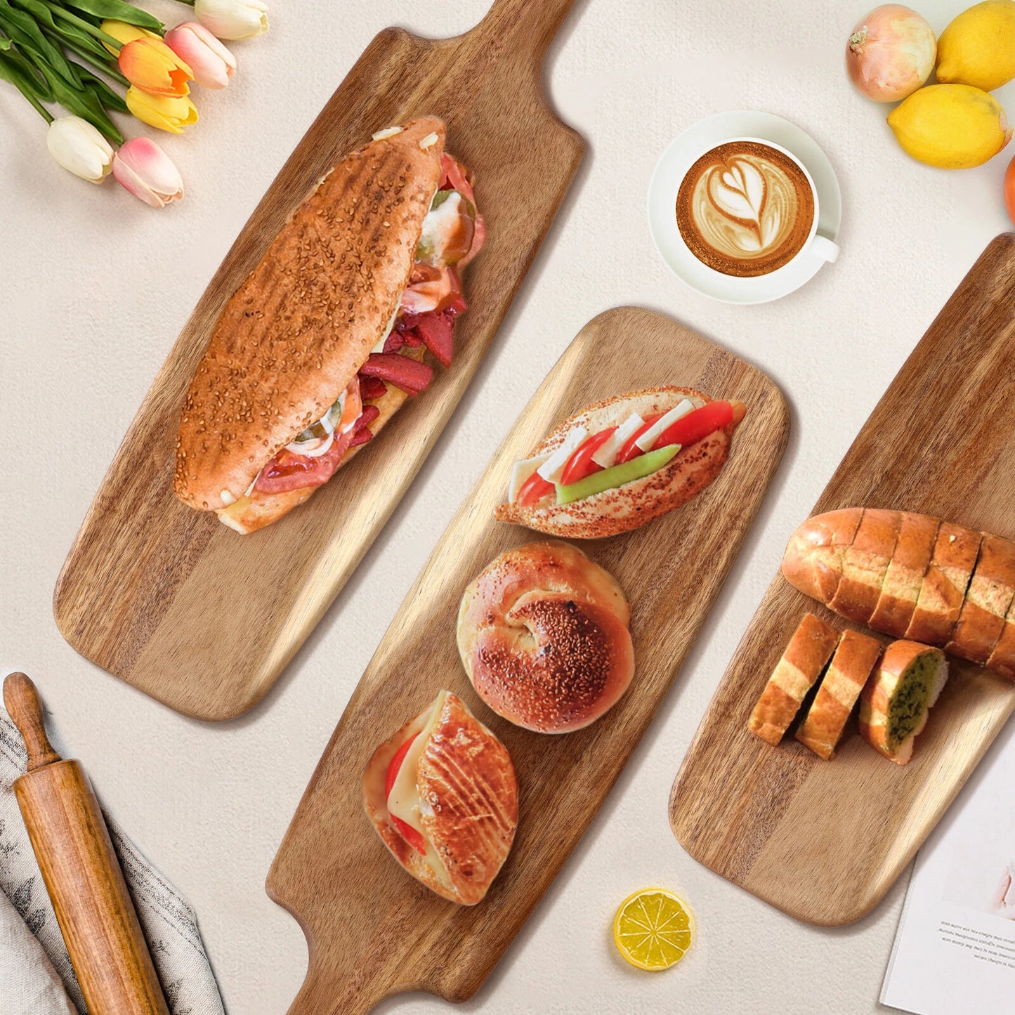 5pcs Acacia Wood Cutting Boards Serving Tray with Handle