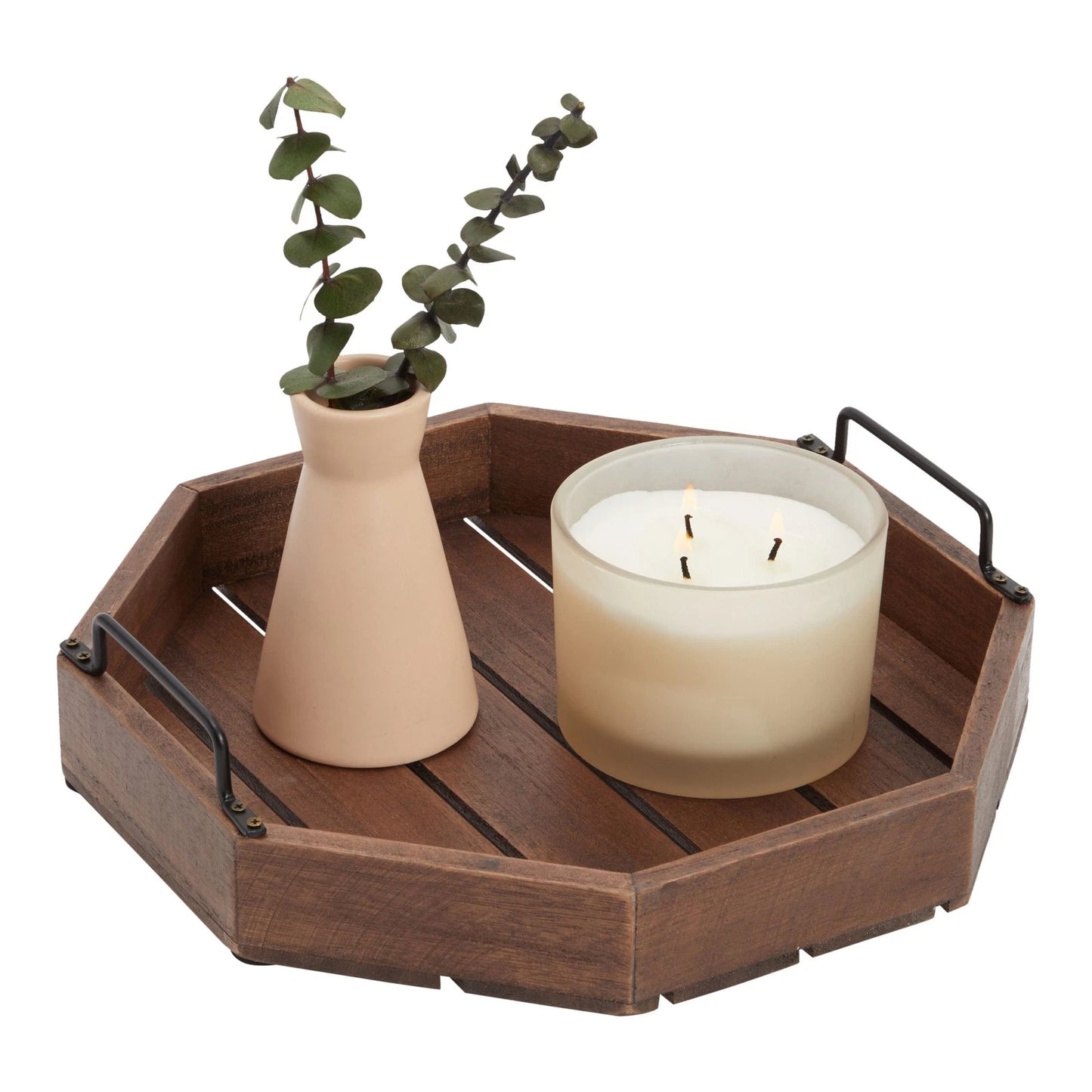 Rustic Octagonal Wood Serving Tray with Metal Handles