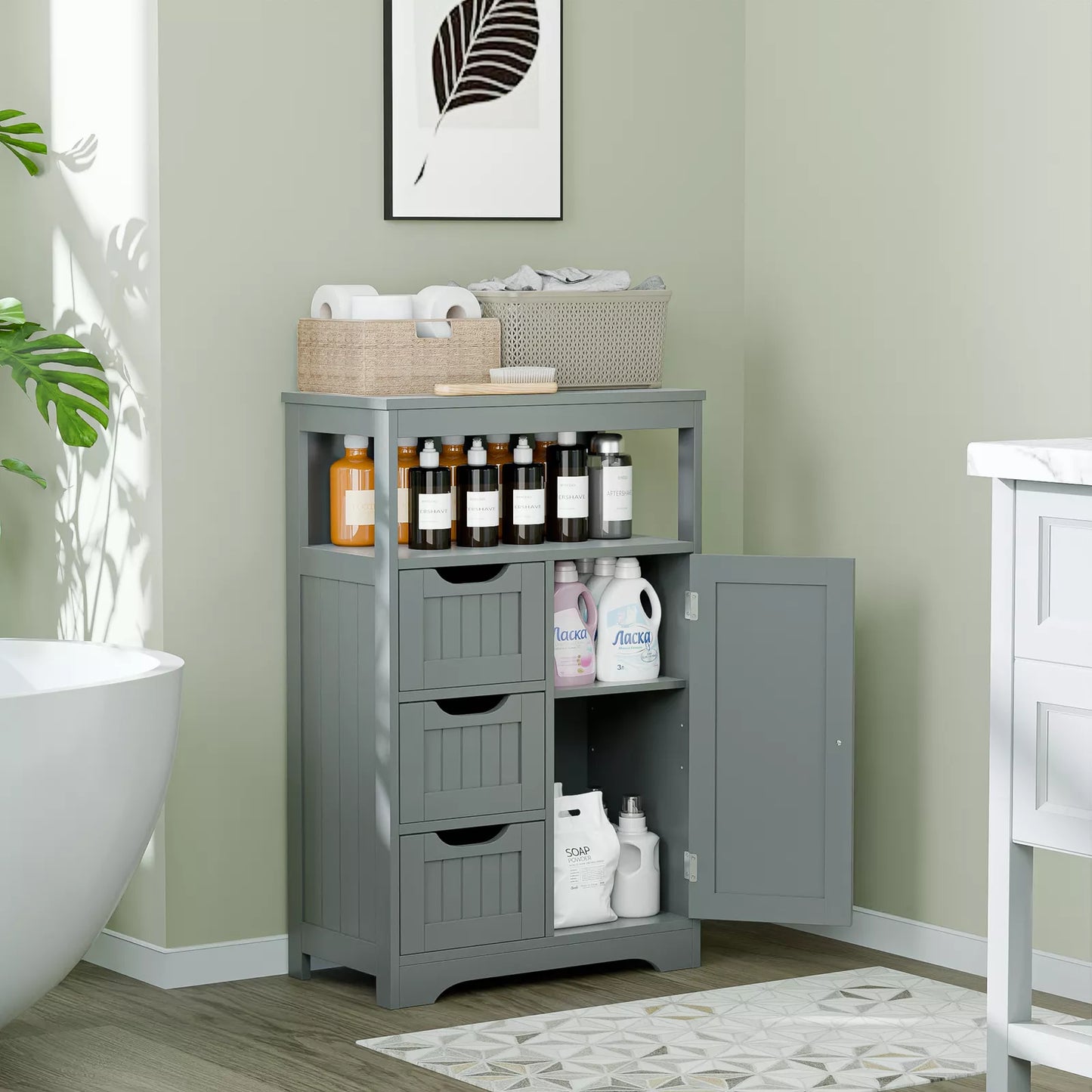 Gray Bathroom Storage Floor Cabinet with Adjustable Shelf