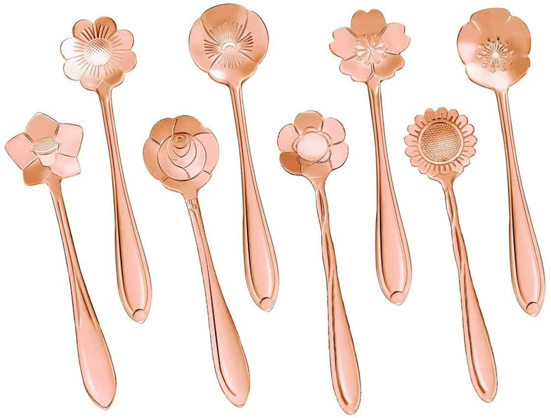 8-Pack Rose Gold Floral Stainless Steel Coffee & Tea Spoon Set