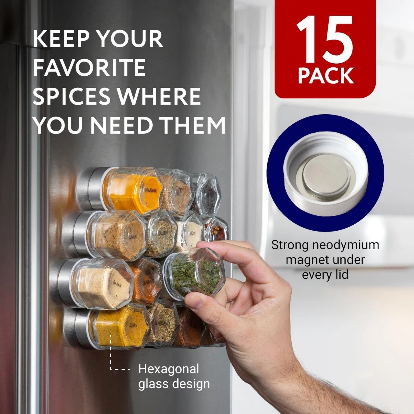 15-Pack Hexagonal Magnetic Spice Jars with Lids
