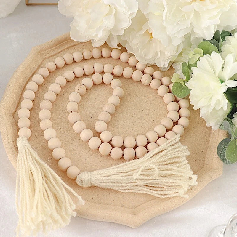 55" Cream Wood Bead Garland with Tassels