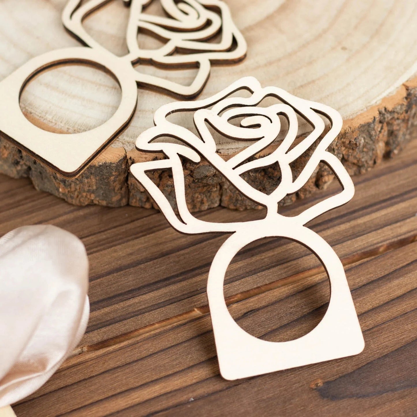 10 Natural Laser Cut Rose Design Wood Napkin Rings