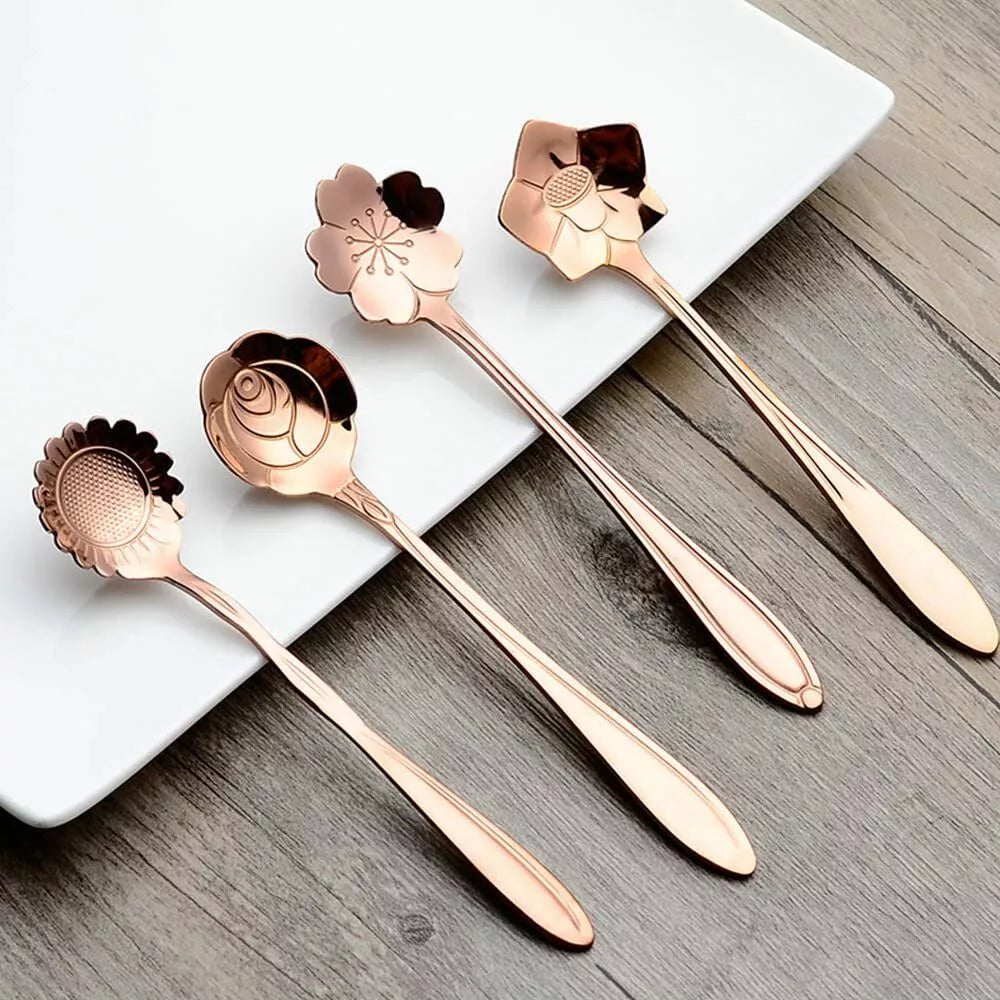 8-Pack Rose Gold Floral Stainless Steel Coffee & Tea Spoon Set