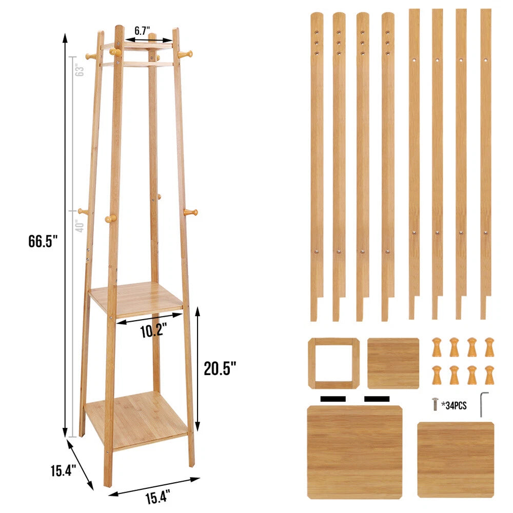 Bamboo Standing Coat Rack with Shelves & Hooks