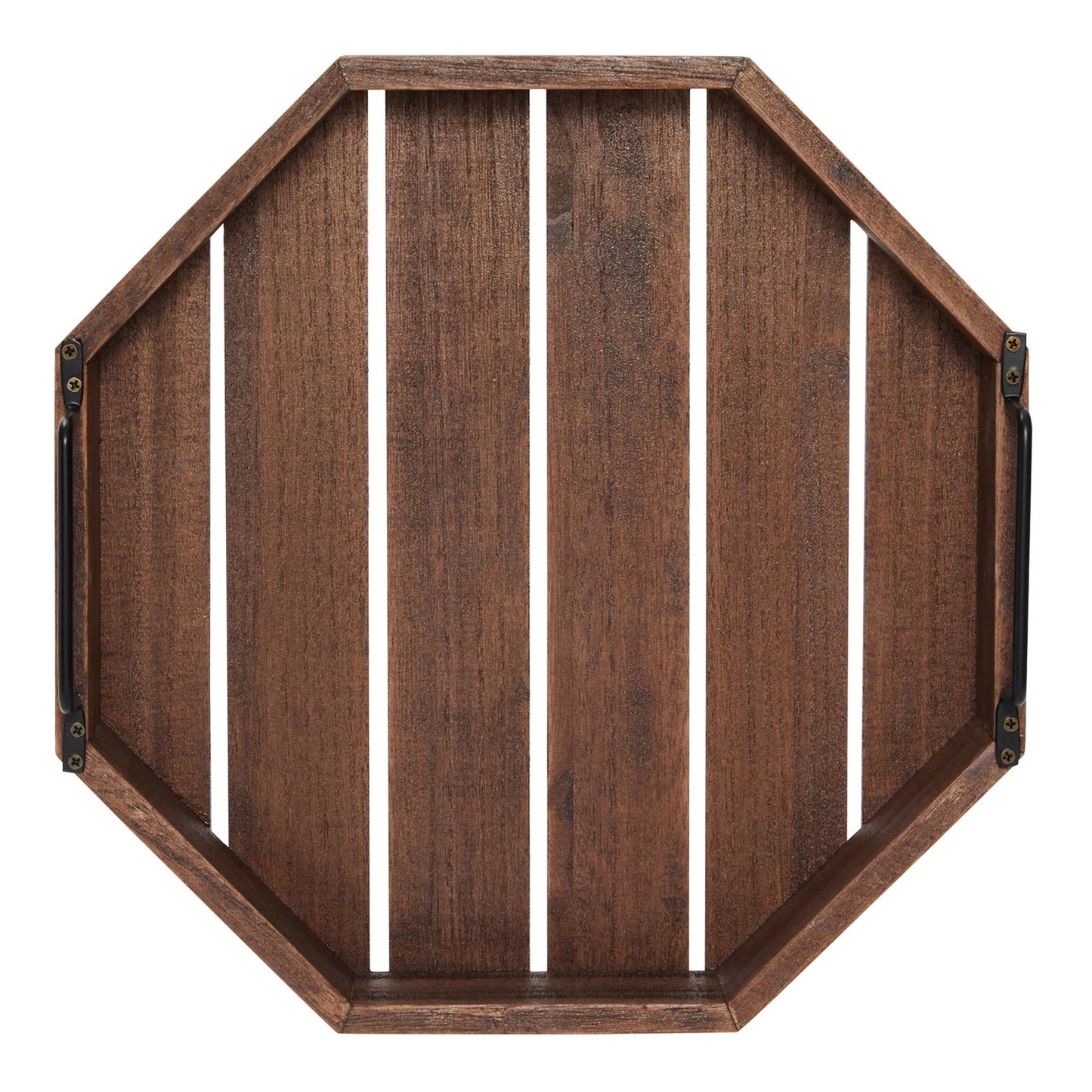 Rustic Octagonal Wood Serving Tray with Metal Handles