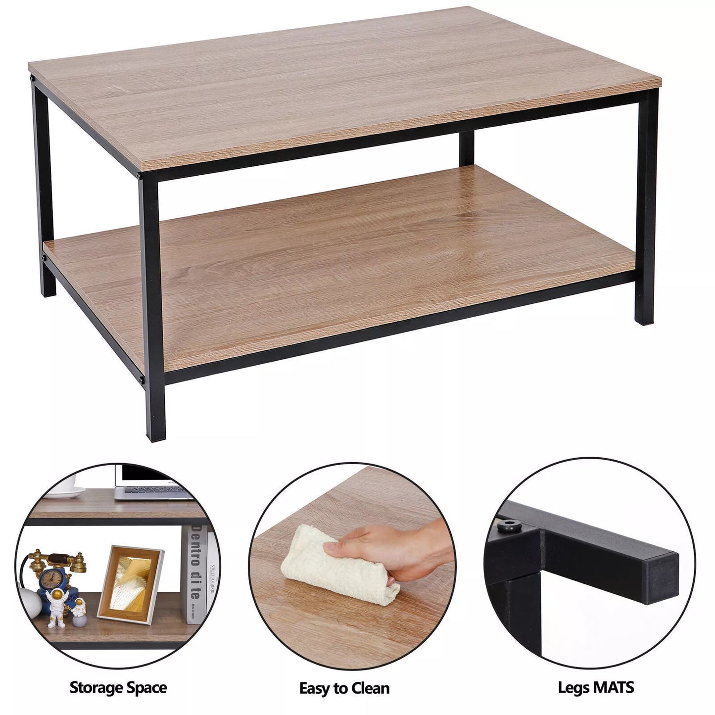 2-Tier Rectangle Wood Coffee Table with Open Shelf