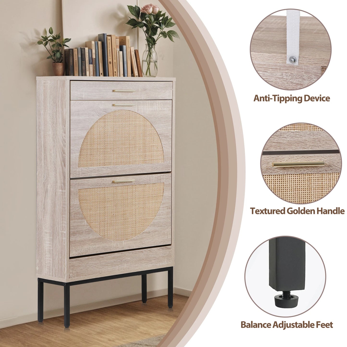 Rattan Shoe Cabinet with 2 Flip Drawers