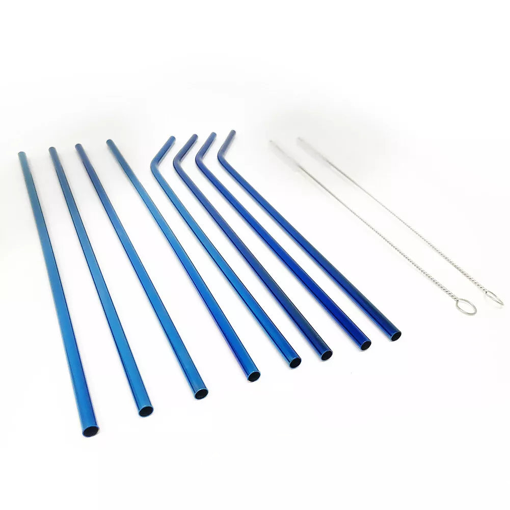8-Pack 10.5" Blue Stainless Steel Cocktail Straws