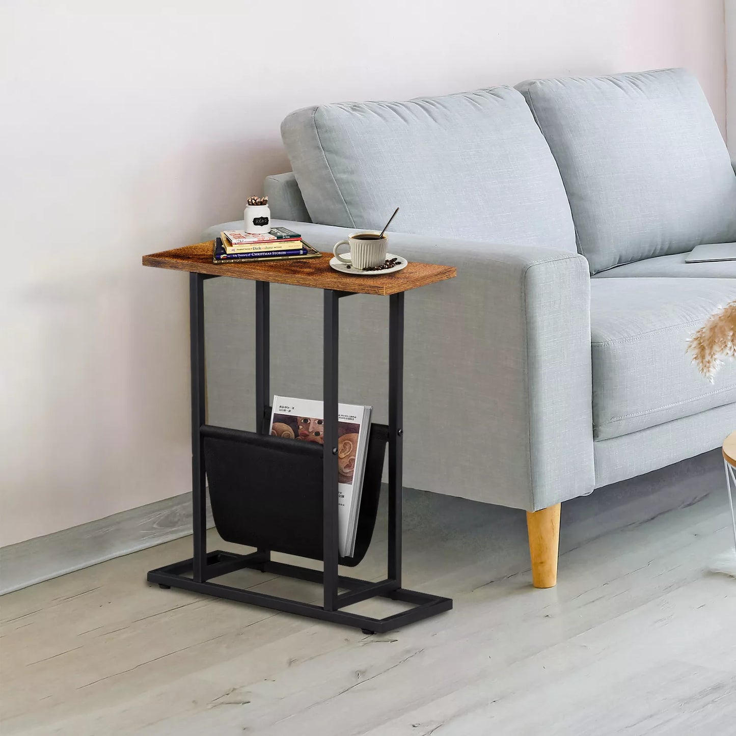 Narrow End Table for Small Spaces with Magazine Holder