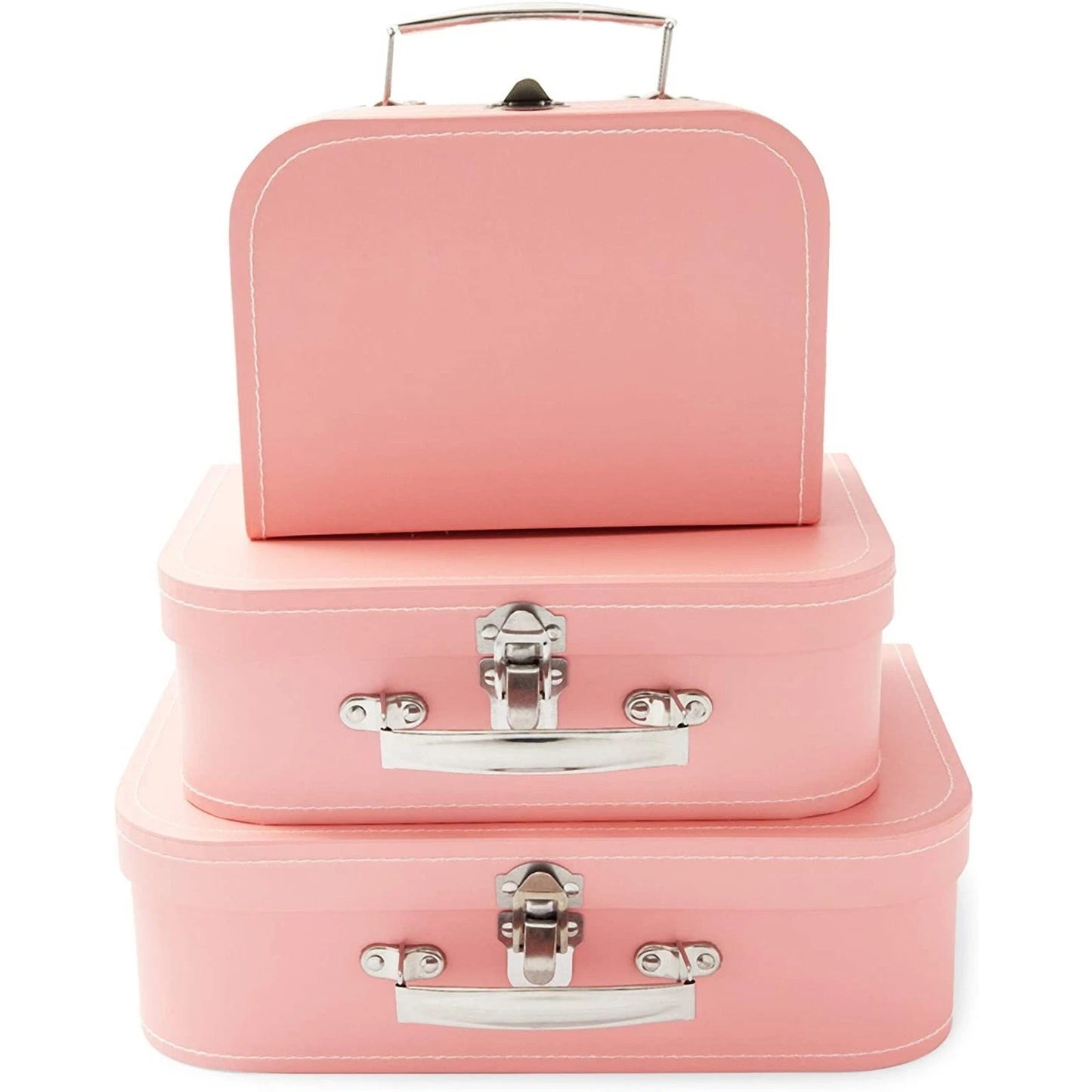Set of 3 Pink Vintage Paperboard Suitcases with Metal Handles