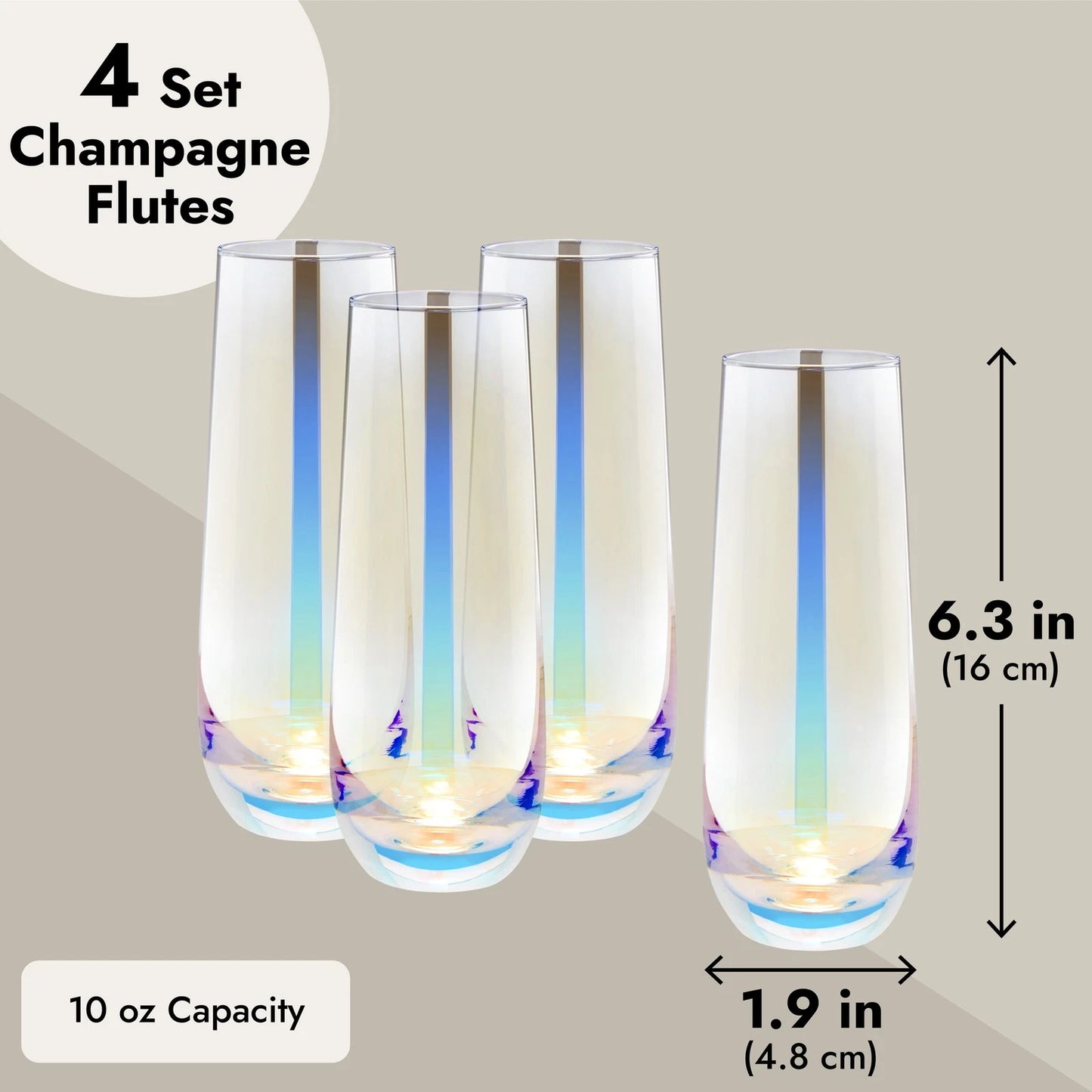 Iridescent Stemless Champagne Flutes, 10 oz (4 Pack)
