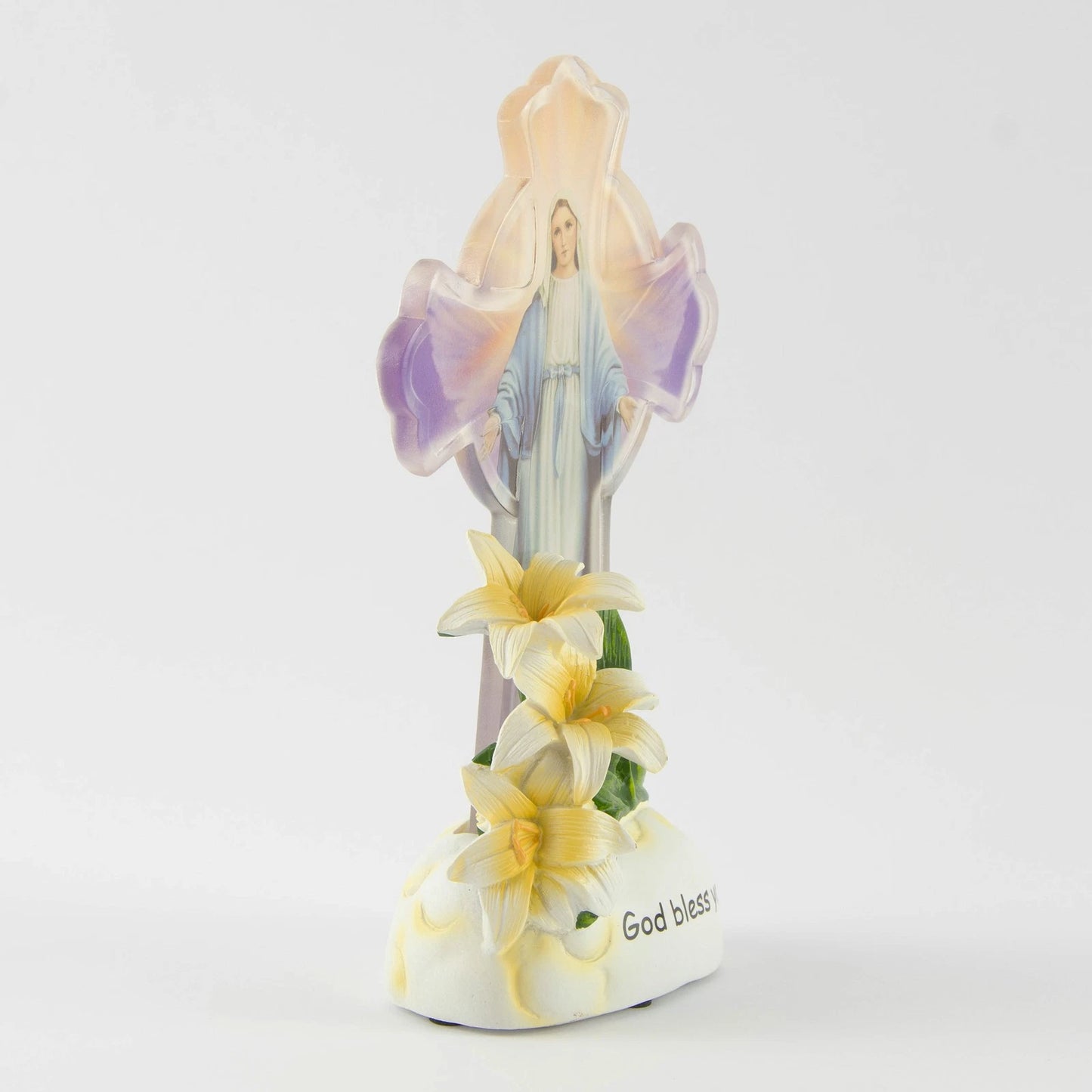 God Bless You 8" Illuminated Cross with Mother Mary Figurine