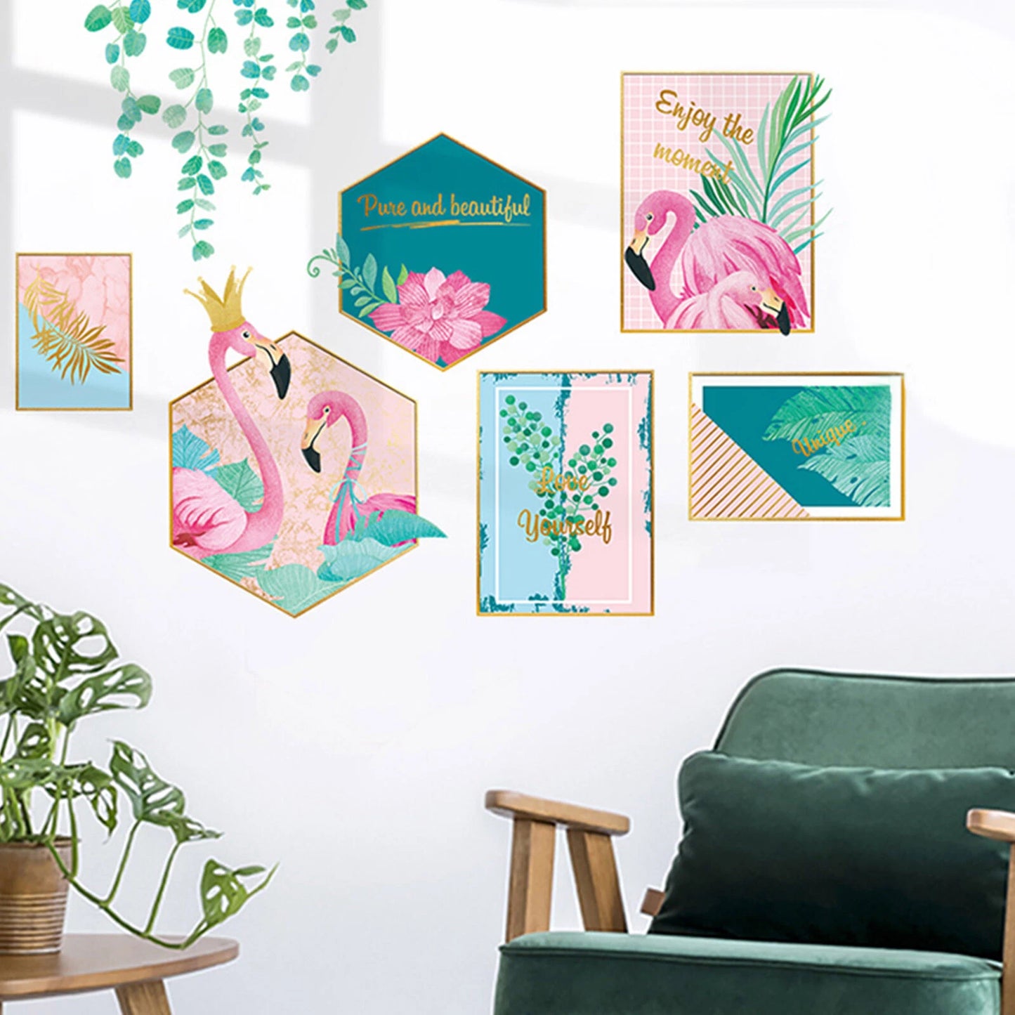 Pink Green Flamingo Frame Wall Stickers