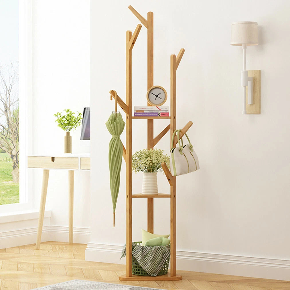 Bamboo Coat Rack Stand with Shelf