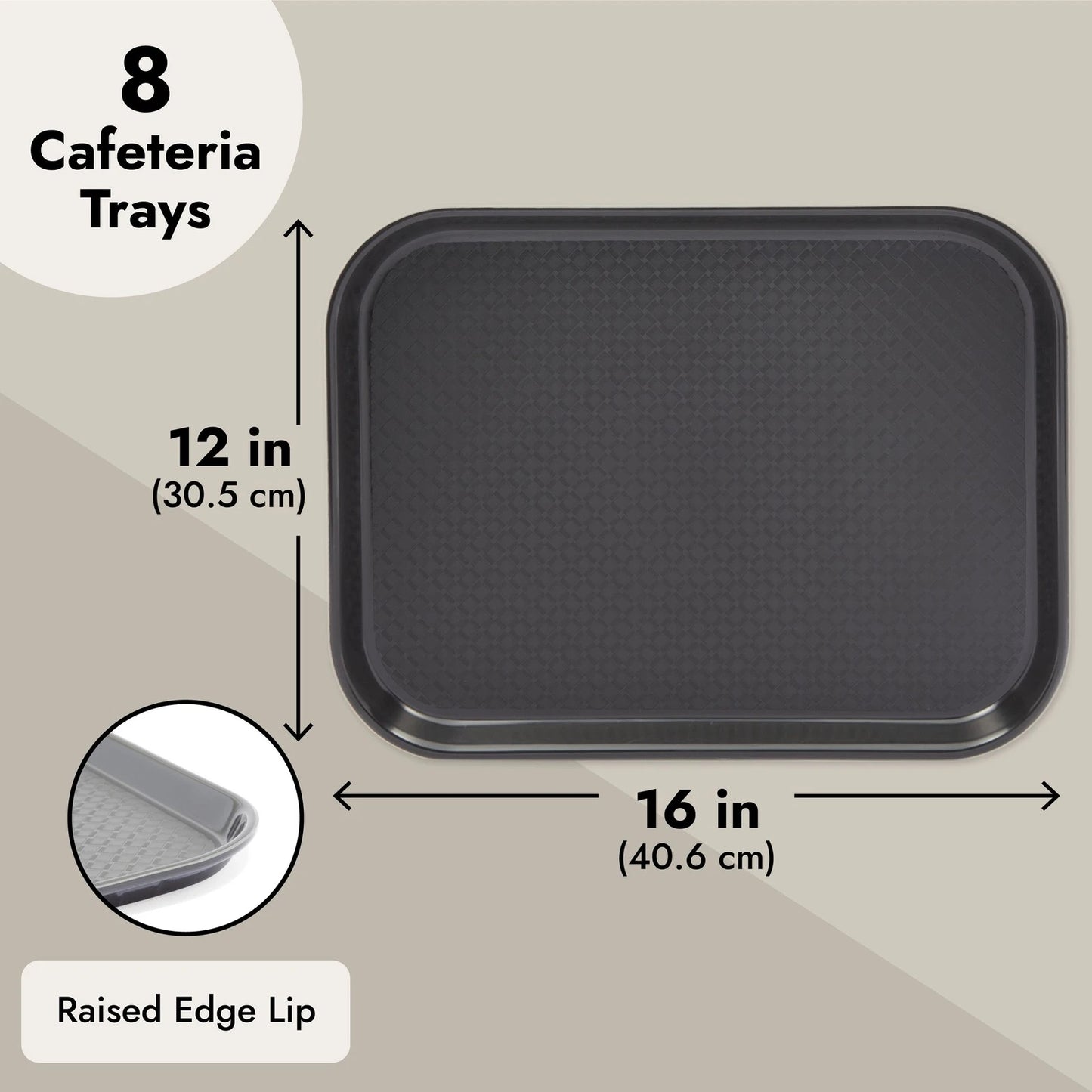 8-Pack Black Plastic Non-Slip Cafeteria Serving Trays