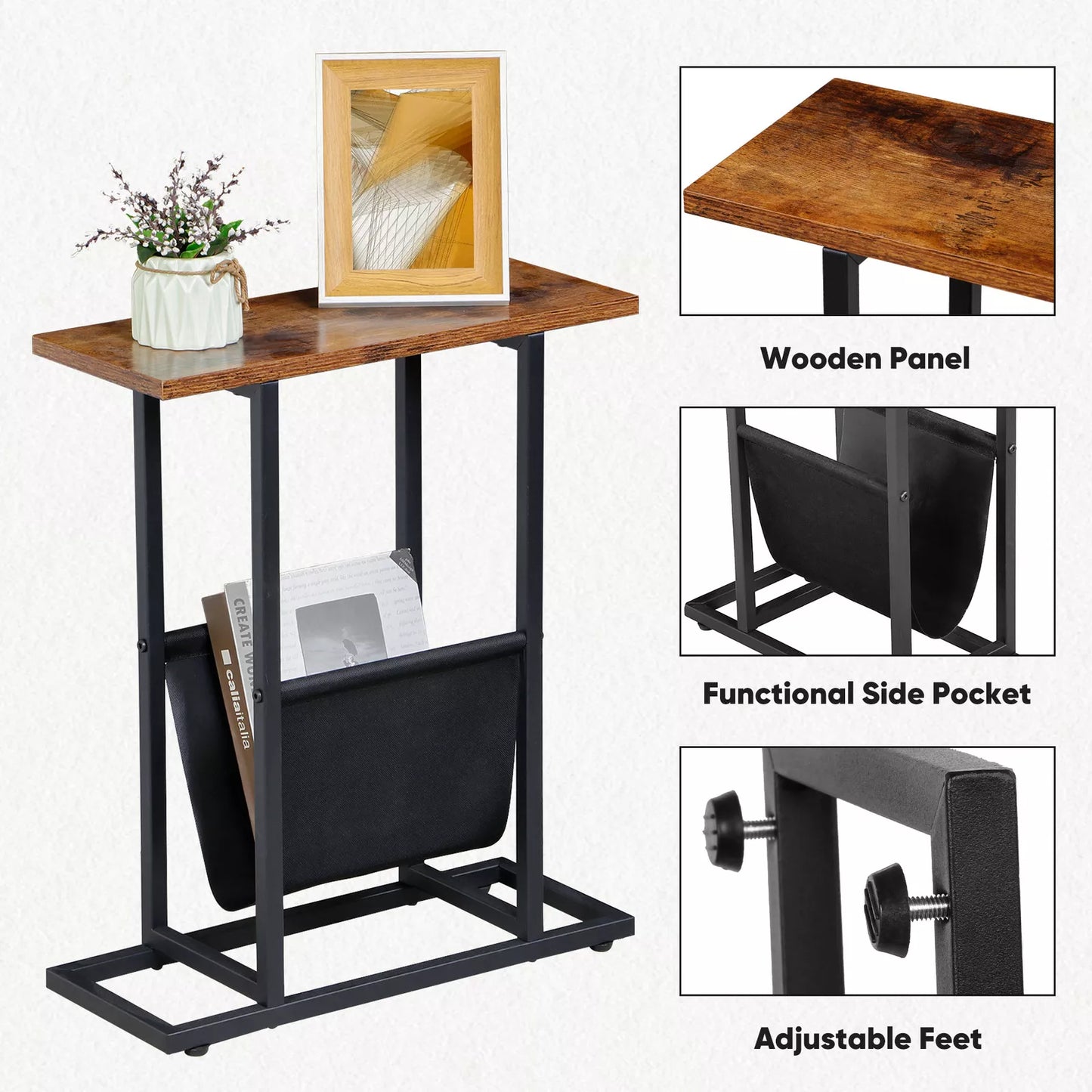 Narrow End Table for Small Spaces with Magazine Holder