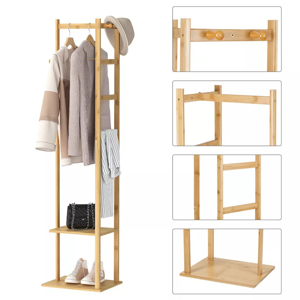 Bamboo Coat Rack with Shoe Storage and Hat Shelf