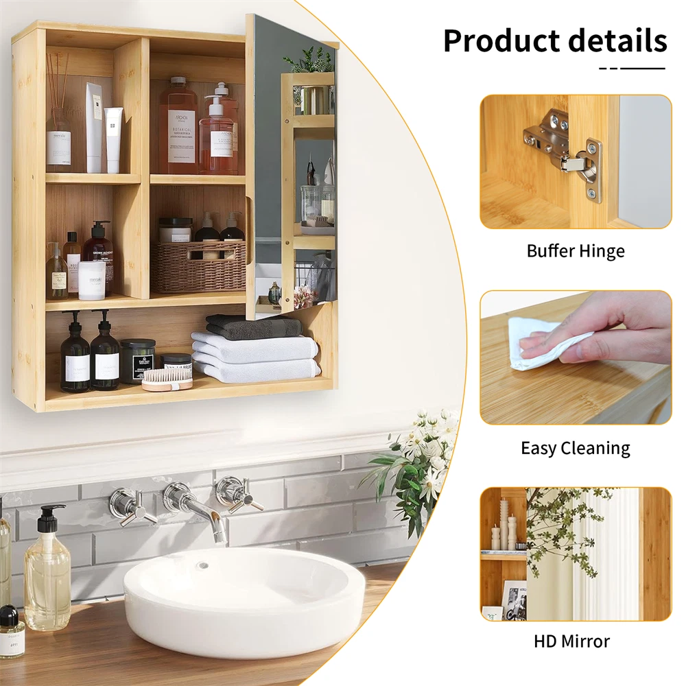 Bamboo Bathroom Mirror Cabinet Wall-Mounted