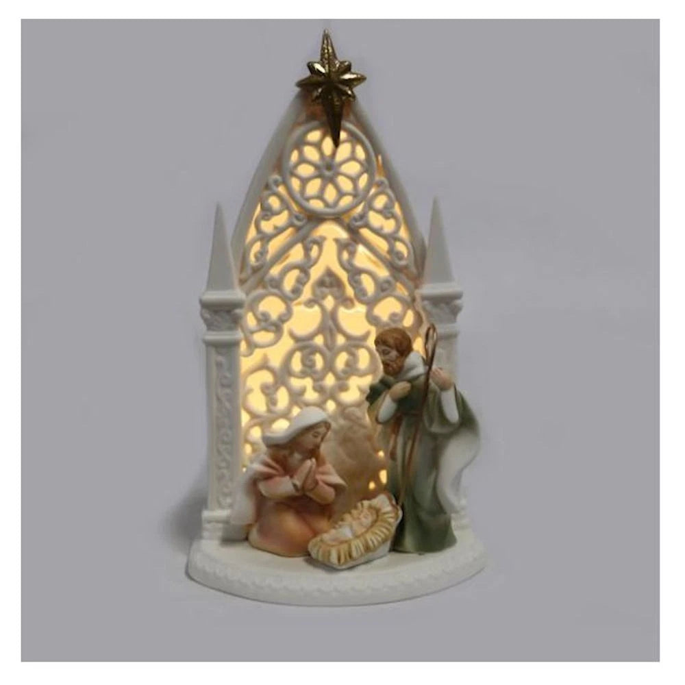 Illuminated Porcelain Nativity with Holy Family and Gold Star