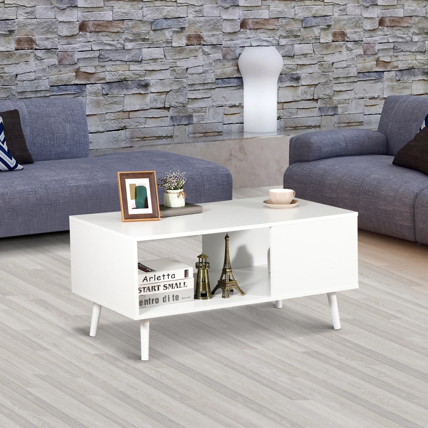 Modern White Coffee Table with Open Storage Shelf