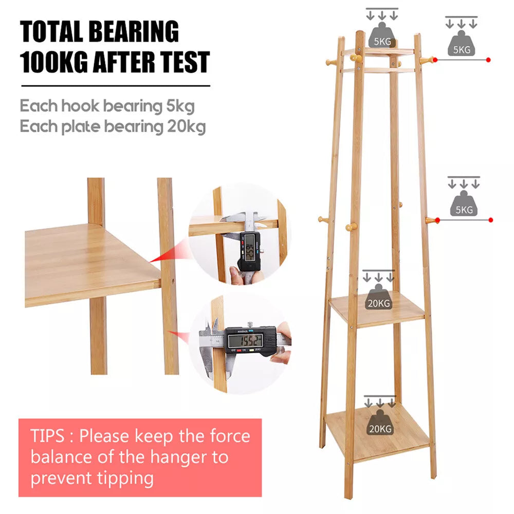 Bamboo Standing Coat Rack with Shelves & Hooks