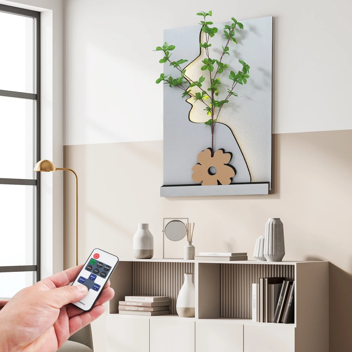Wall-Mounted Sandstone Decor with LED & Simulated Plant