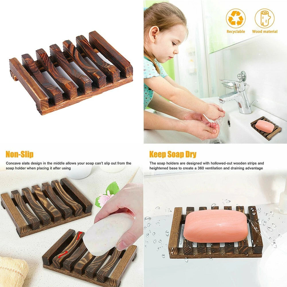 4 Pack Wooden Bamboo Soap Holder Dish Tray