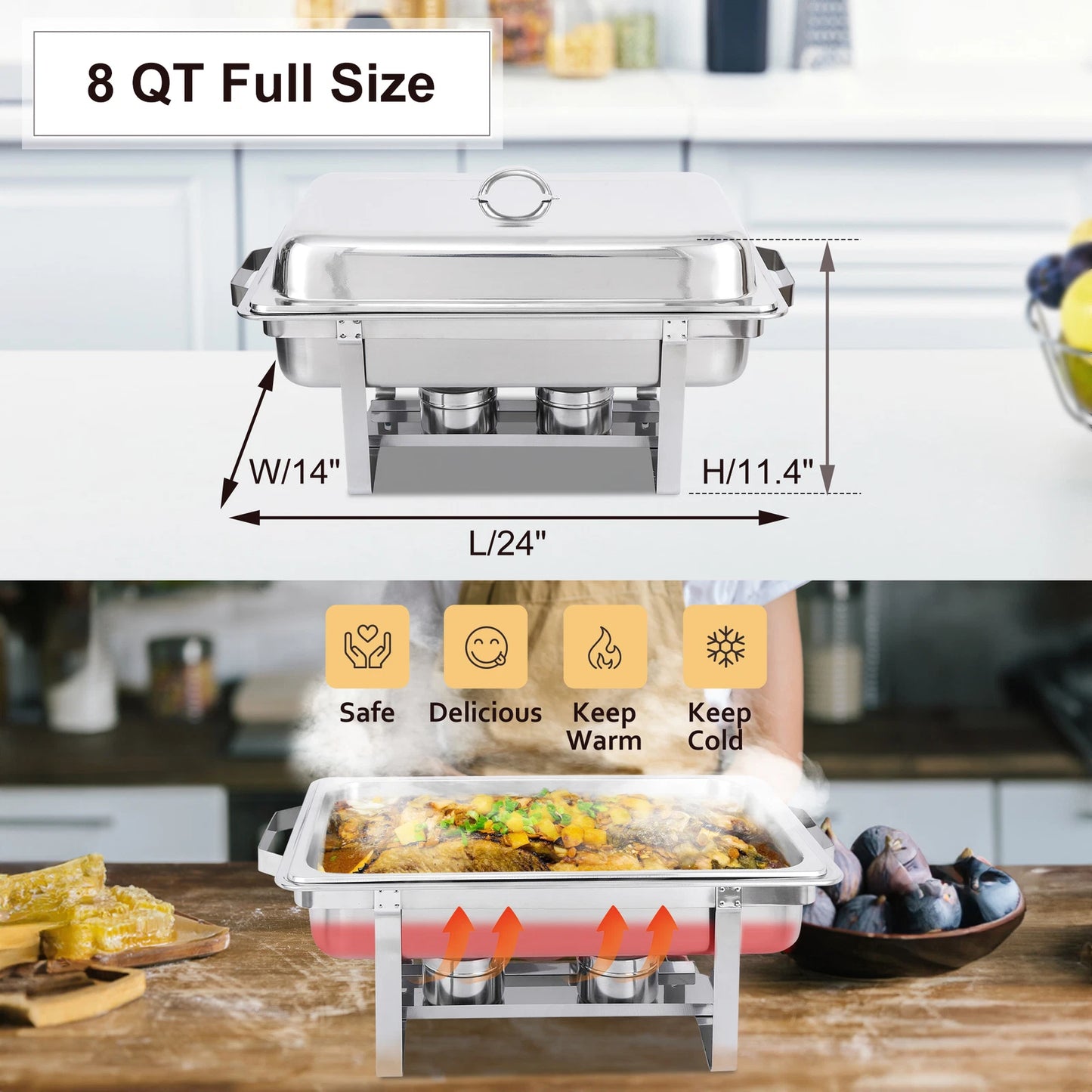 2-Pack 8 Quart Stainless Steel Rectangular Chafing Dish Set