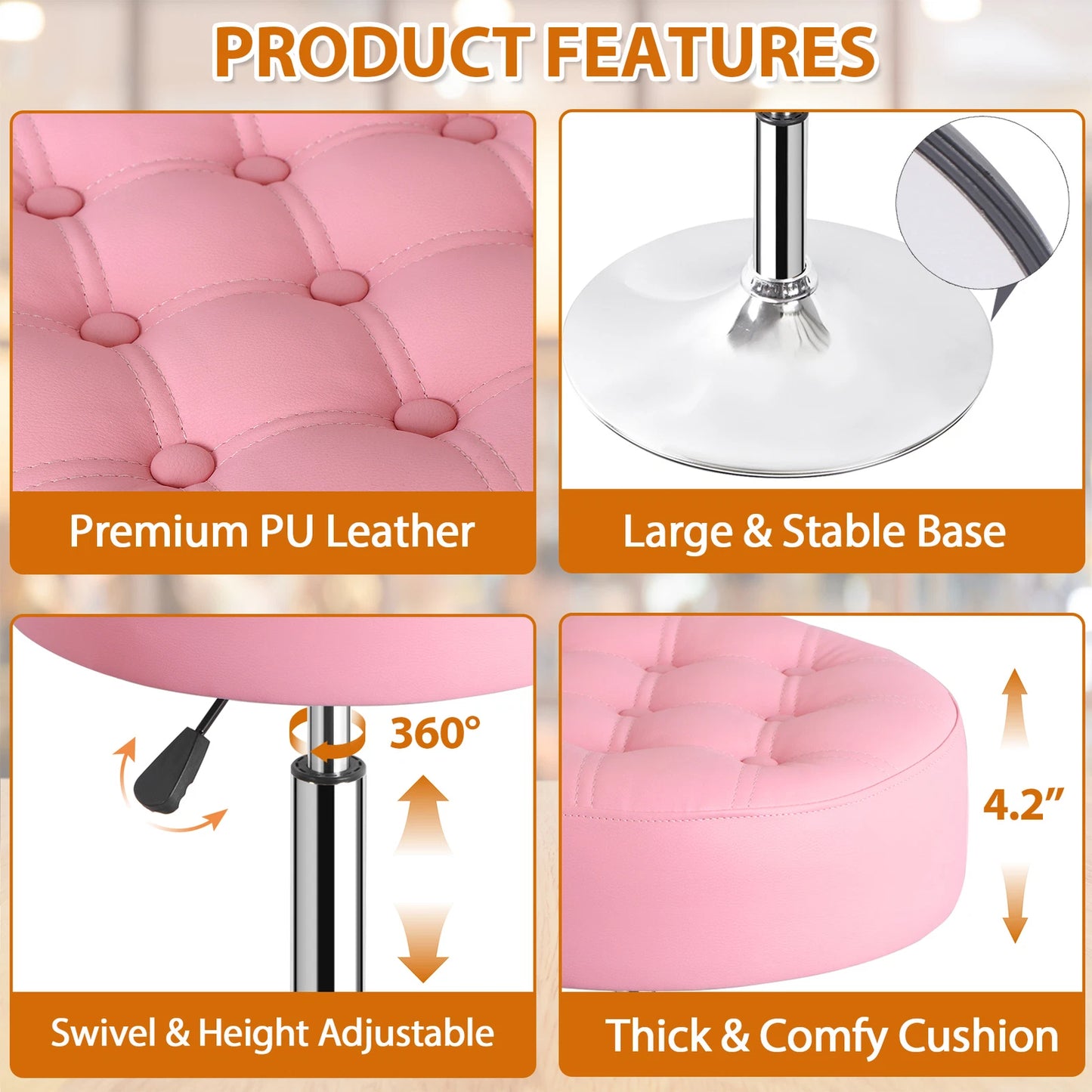 Pink PU Leather 360° Swivel Bar Stool Chair