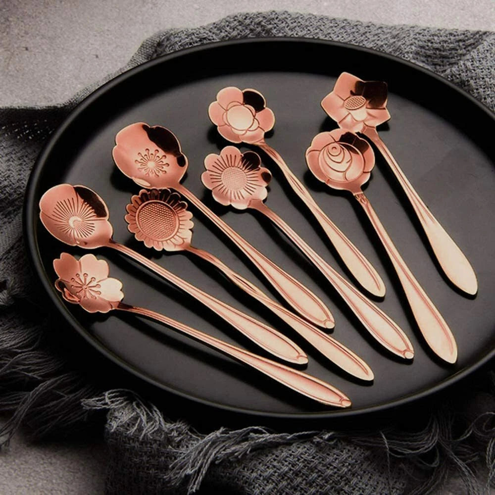 8-Pack Rose Gold Floral Stainless Steel Coffee & Tea Spoon Set