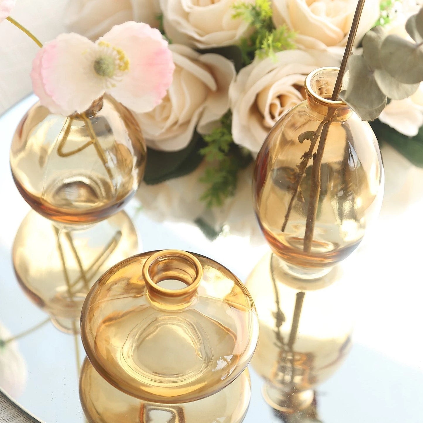 3 Small Gold Glass Vases with Metallic Rim