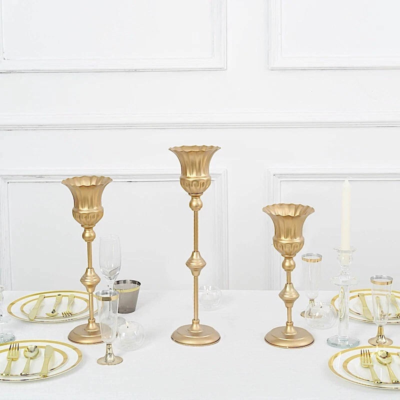 3 Piece Set Gold Metal Flute Trumpet Vases